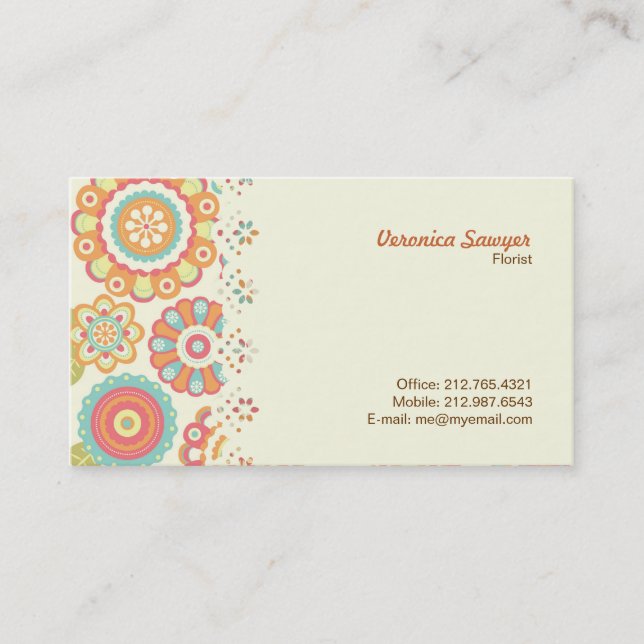 Cartão De Visita Boho Retro Funky Flowers Floral Patterno (Creme) (Frente)