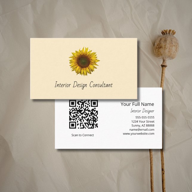 Cartão De Visita Boho Sunflower QR code Rustic Interior Designer  (Criador carregado)