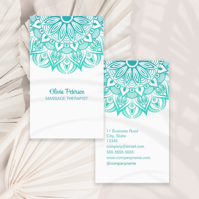 Cartão De Visita Boho Turquoise Mandala - Terapêutica de Massagem (Boho Turquoise Mandala Massage Therapist Business Card on a sunny neutral dry palm leaf.)