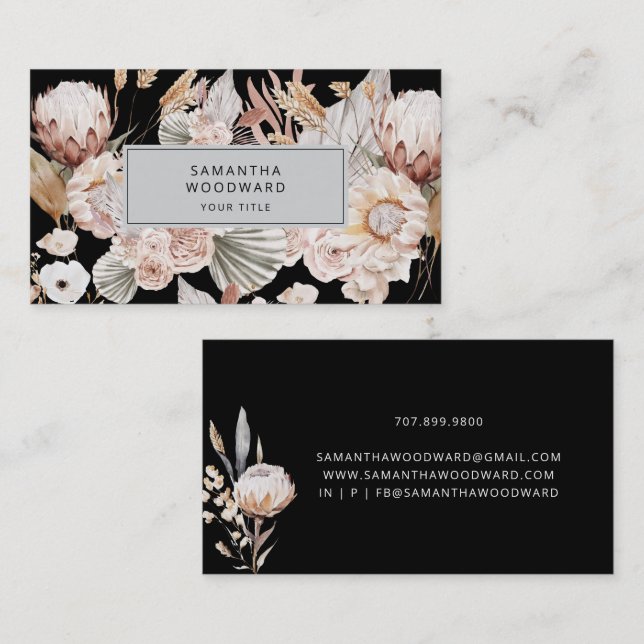 Cartão De Visita Boho Wildflower Professional Black (Frente/Verso)