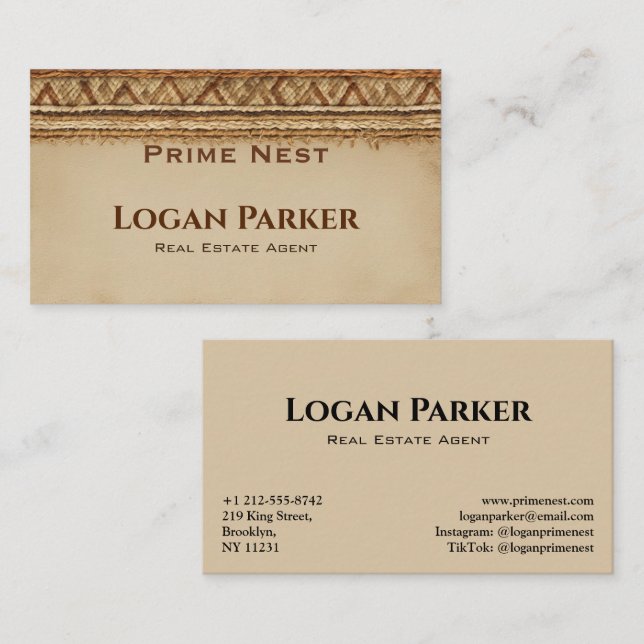 Cartão De Visita Boho Woven Texture Real Estate Business Card (Frente/Verso)