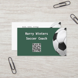 Cartão De Visita Bola de Futebol Minimal Verde Código QR Treinador 