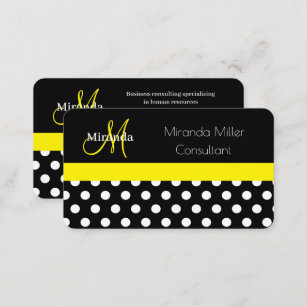 Cartão De Visita Bolinhas branca preta do monograma amarelo