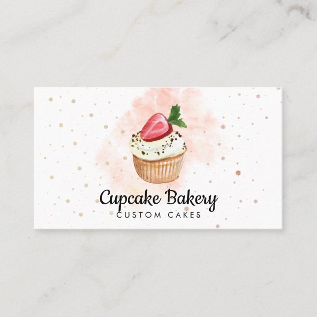 Cartão De Visita Bolo Confeiteiro Massa Aquarela Morango Cupcake (Frente)