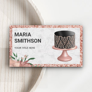 Cartão De Visita Bolo Damask Preto Rosa Dourado Brilhante Padaria