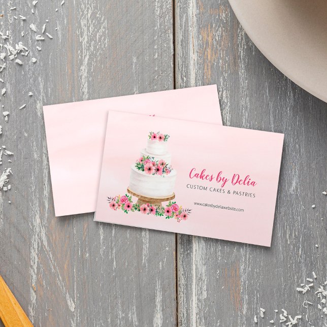 Cartão De Visita Bolo de Casamento com Aquarela Rosa (Pink Watercolor Wedding Cake Business Card)