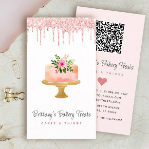 Cartão De Visita Bolo de Código QR Blush Rosa Brilho Gotejante Chef
