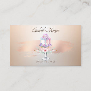 Cartão De Visita Bolo Elegante Flor Rosa Dourado Pincelada Padaria