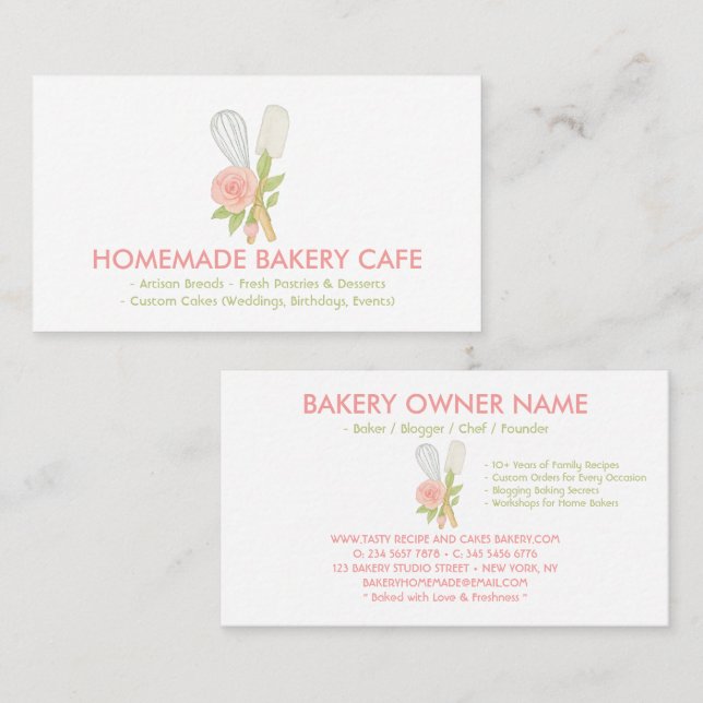 Cartão De Visita Bolo Floral Rosa Corado Padaria Catering (Frente/Verso)