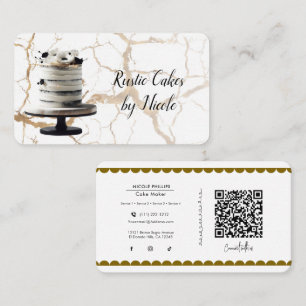Cartão De Visita Bolo Rústico Mármore Branco e Preto QR Social Medi