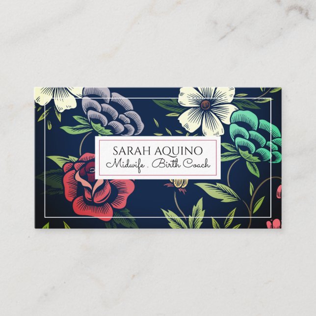 Cartão De Visita Bonito Monograma Floral Doula Midwest Treinador de (Frente)