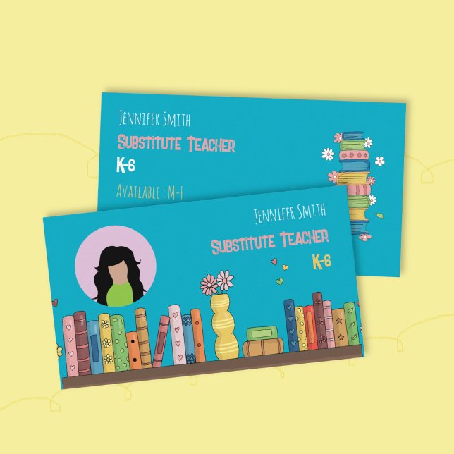 Cartão De Visita Books Tutor Teal Business Card with Photo (Watercolor bookshelf teal double-sided teacher business card with photo .)