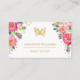 Cartão De Visita Borboleta chique/aguarela cor-de-rosa floral