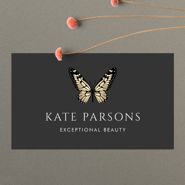 Cartão De Visita Borboleta Dourada e preto clássico (Criador carregado)
