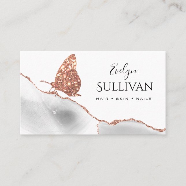 Cartão De Visita borboleta dourada-rosa e agate branco (Frente)