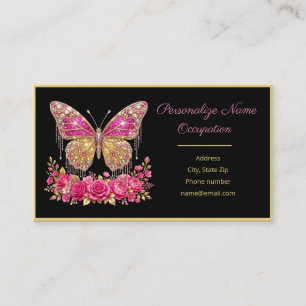 Cartão De Visita Borboleta Elegante com Joias & Rosa Bege Dourado P