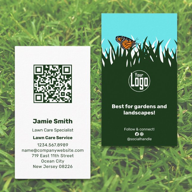 Cartão De Visita Borboleta Lâmpada Digitalizável Branco Verde (Scannable Lawn Butterfly Green White Business Card with Logo, QR-code)