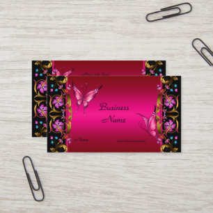 Cartão De Visita Borboleta Preta Rosa Dourada Floral Elegante