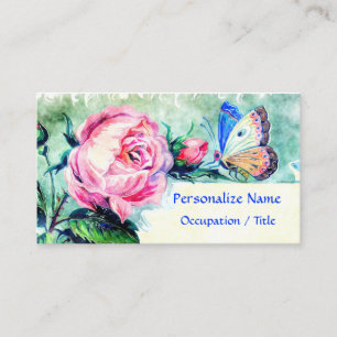 Cartão De Visita Borboleta Rosa Rosa Floral Aquarela