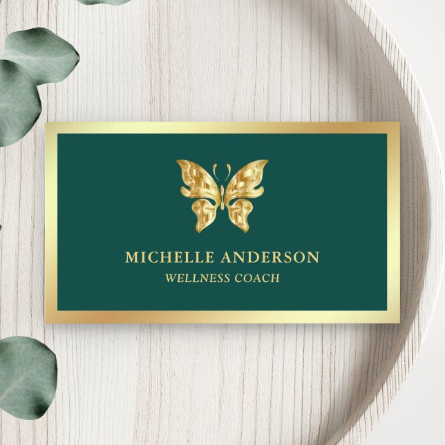 Cartão De Visita Borboleta Verde Ouro Moderna Elegante (Criador carregado)