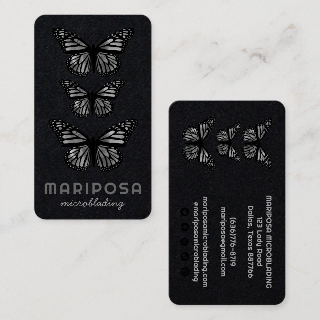 Cartão De Visita Borboletas Bela Estheticista Salão Negro Branco (Frente/Verso)