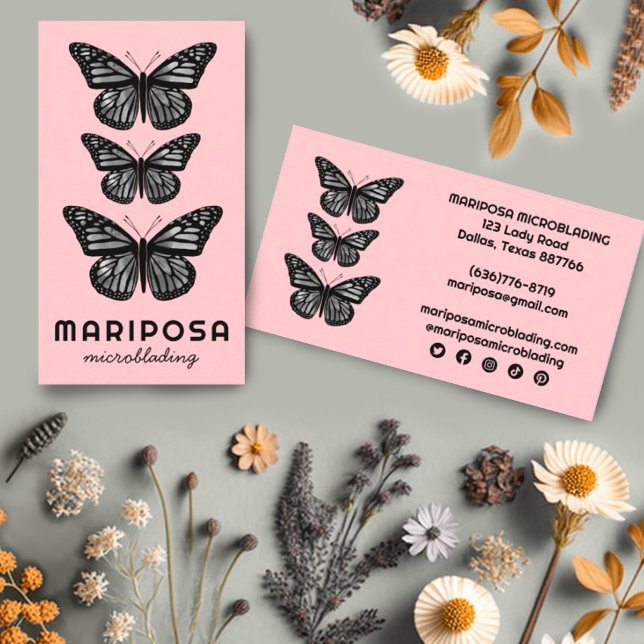 Cartão De Visita Borboletas Bela Estheticista Salon Blush Pink (Beautiful butterflies decorate these custom business cards with social icons. )