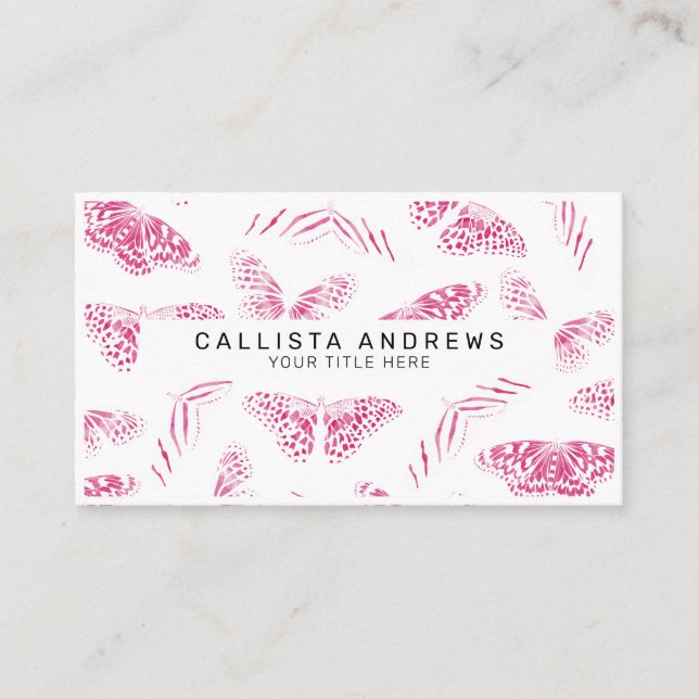 Cartão De Visita Borboletas Brancas Girly Rosa Padrão de Aquarela (Frente)