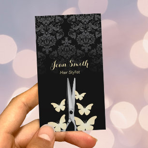 Cartão De Visita Borboletas Douradas modernas Escuro Damask Hair St