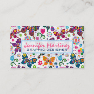 Cartão De Visita Borboletas e flores coloridas padrão 2