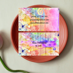 Cartão De Visita Borboletas e Rosas chiques sobre madeira russa