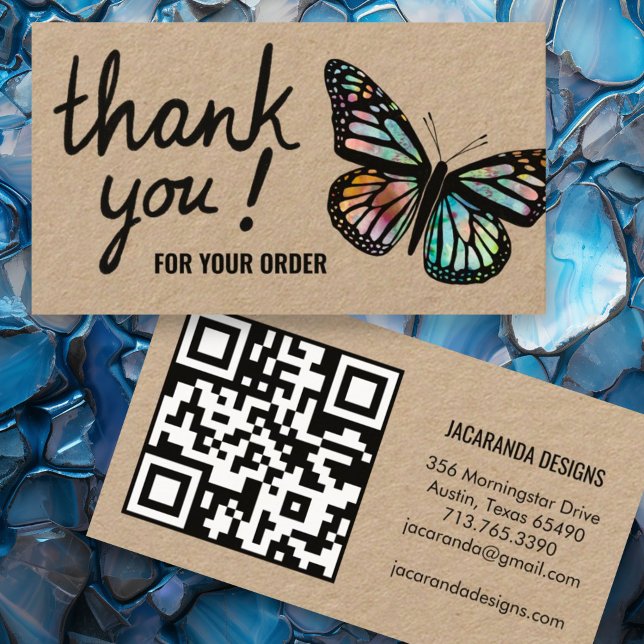 Cartão De Visita Borboletas Obrigado pelo seu pedido Código QR Kraf (Kraft paper custom thank you for your order business cards with QR code and butterfly design)