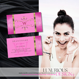 Cartão De Visita Borda Dourada rosa brilhante Ornamental com Monogr