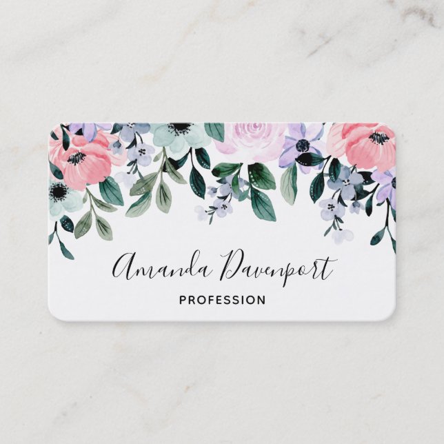 Cartão De Visita Borda Floral Cor Verde Púrpura Rosa (Frente)