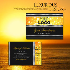 Cartão De Visita Borda prateada do logotipo preto moderno e amarelo