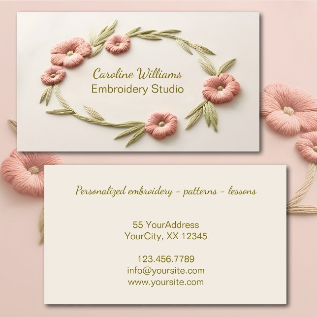 Cartão De Visita Bordado floral verde-rosa (Business card embroidered wreath)
