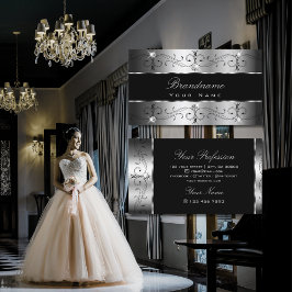 Cartão De Visita Bordas Ornamentados Negras de Prata Luxuriosas Orn