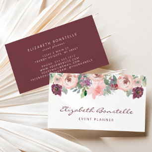 Cartão De Visita Bordô Rosa Água-Forte Floral