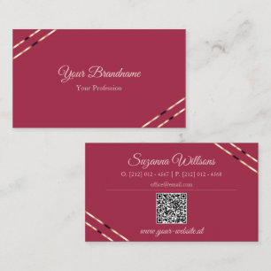 Cartão De Visita Borgonha com Linhas Dourado Rosa e Código QR Elega