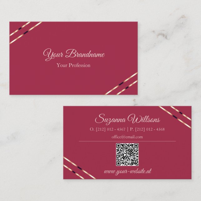 Cartão De Visita Borgonha com Linhas Dourado Rosa e Código QR Elega (Frente/Verso)