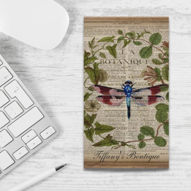 Cartão De Visita botânica francesa deixa libélula antiga moderna (french botanical leaves modern vintage dragonfly business card)