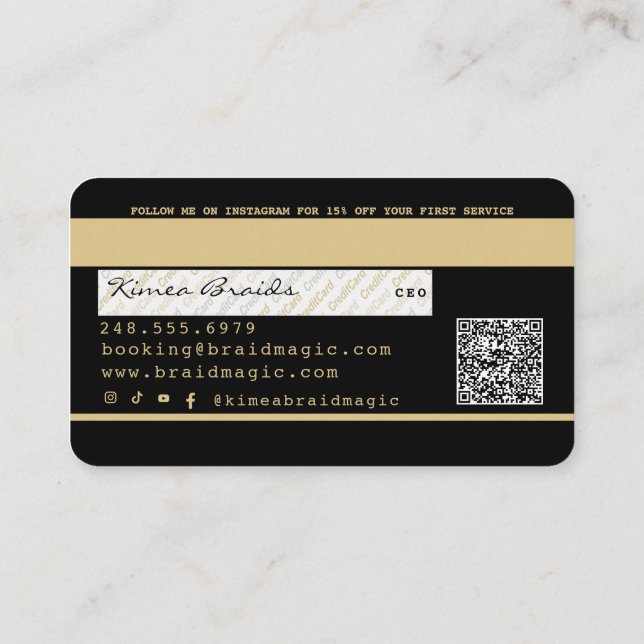 Cartão De Visita Braço de Cabelo Braço Salão Preto e Crédito Dourad (Verso)
