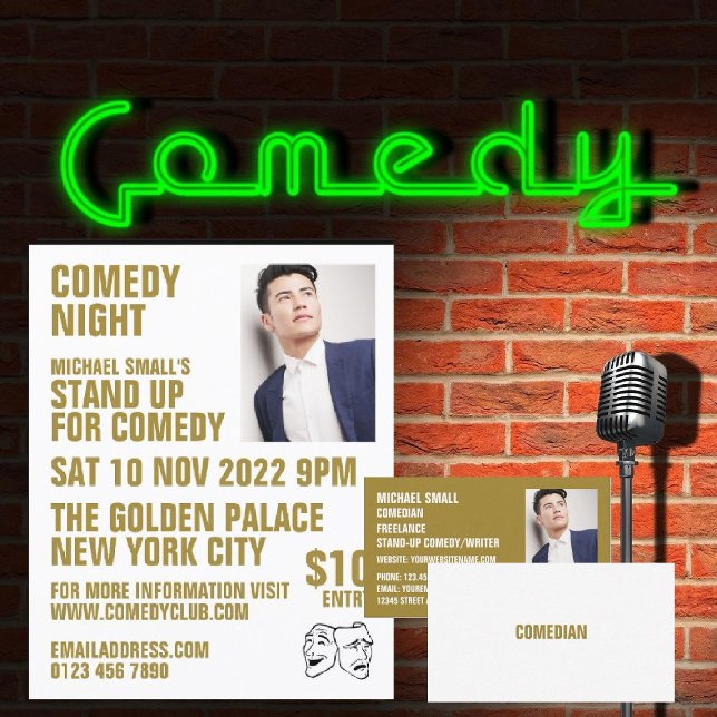 Cartão De Visita Branca e Dourada, Comediante, Clube de Comédia (Criador carregado)