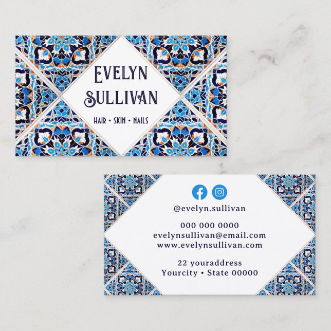 Cartão de visita branco azul-mediterrânico azulejo (Frente/Verso)