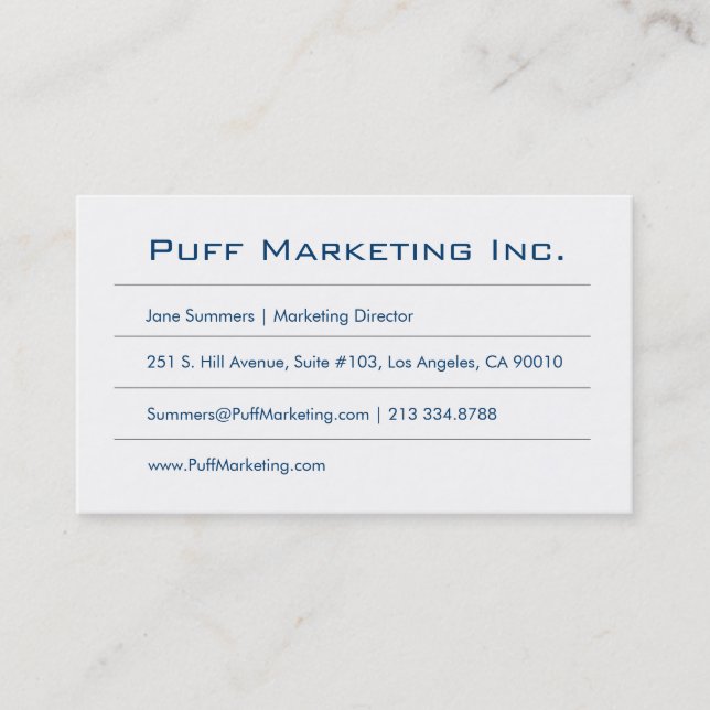 Cartão De Visita Branco azul minimalista (Frente)