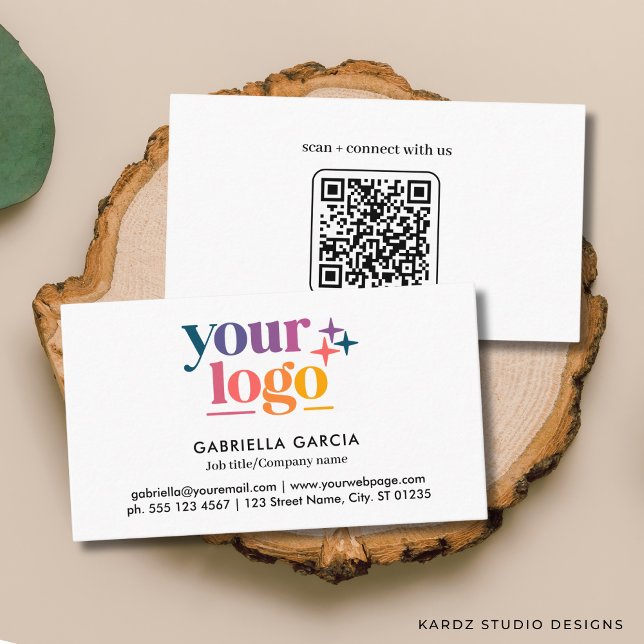 Cartão de Visita Branco Código QR Logo Básico (Add your logo, name and title, contact info and enter URL to create QR Code on the back.)
