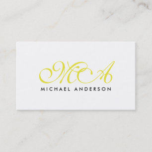 Cartão De Visita Branco comum de script elegante monograma amarelo