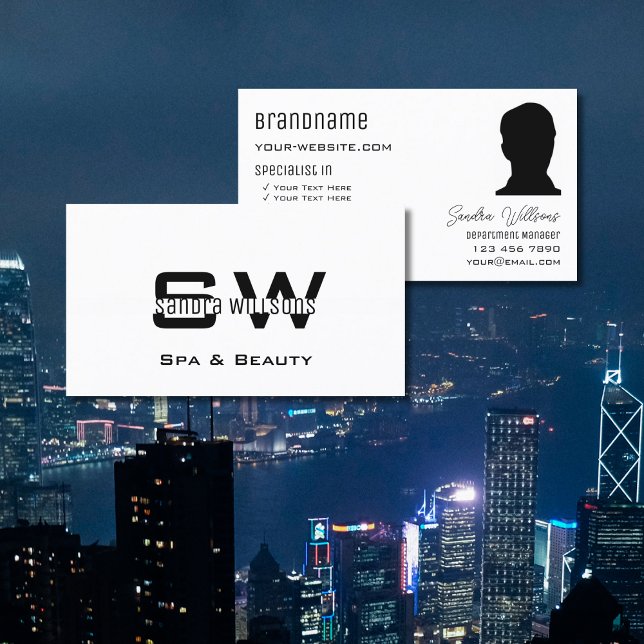 Cartão De Visita Branco comum elegante com Monograma e Fotografia M (Criador carregado)