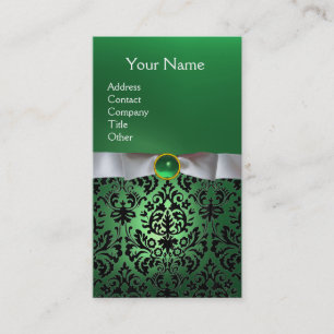 Cartão De Visita BRANCO DAMASK RIBBON MONOGRAMA GEM verde