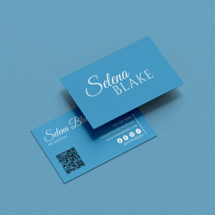 Cartão De Visita Branco e azul minimalista   Código QR moderno