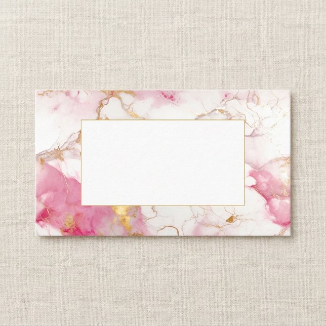 Cartão de visita branco e dourado (White and gold marble guest name place card.)